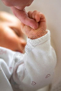 紧贴婴儿抚养父母的手指相信纯度垂直的图片