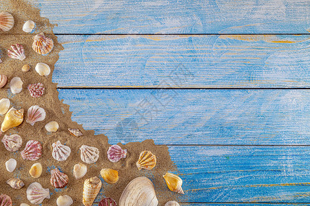 海滩生活蓝色的夏季时间概念在蓝木背景和沙海壳框架的木本底海边界上使用壳进行上贝图片