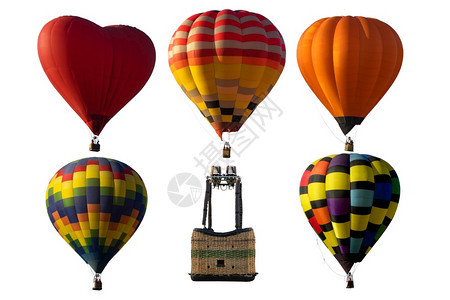 美丽的热气球和篮子以白色背景隔离在上方的热气球高漂浮丰富多彩图片
