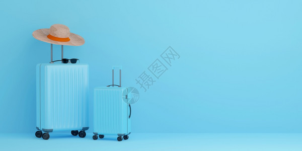 飞机场帽子3D插图带有蓝背景旅行者附件的手提箱复制图片