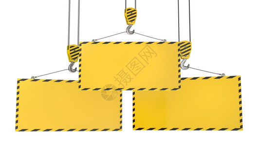 运输白色背景隔离的3个黄色盘片空白的吊钩采摘电梯图片