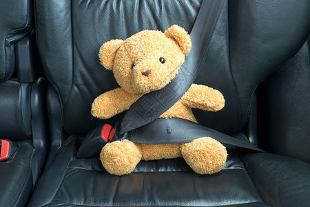 一种泰迪熊被困在汽车后座系路图片