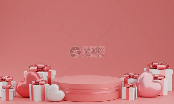 介绍座情人节讲台或产品摊配红心气球和礼品盒贴面粉色背景复制空间3D投影粉色的图片