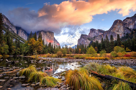 俯瞰美国加利福尼亚州日落Yosemite公园的美景树丽图片