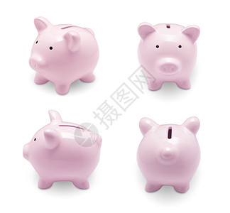 白色背景孤立的粉红小猪银行集基金经济放图片