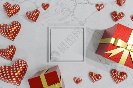 展示边界装饰风格3D图象礼物盒白框和大理石背景的红心概念情人节婚礼图片