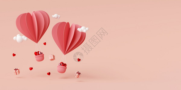 甜的情人节横幅背景的心形气球配有礼物盒3D庆祝墙纸图片