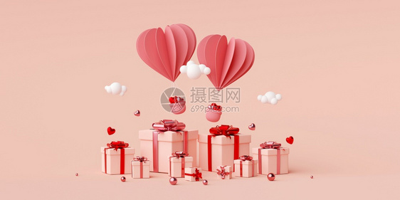 甜的情人节横幅背景的心形气球配有礼物盒3D装饰浪漫图片