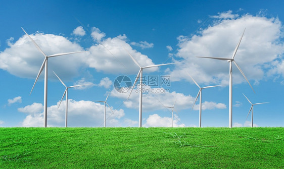 行业变暖蓝色天空背景风车生态动力绿色能源技术概念的风力涡轮机场生产图片