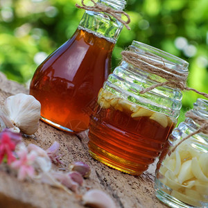 来自然草药蜂蜜中浸泡的大蒜一种用于皮肤护理保健的草药三罐绿色本底户外吃药物图片
