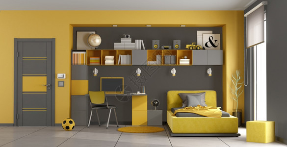 渲染灰色和黄儿童房间单床书架和办公桌3D制成灰色和黄儿童室玩家具图片