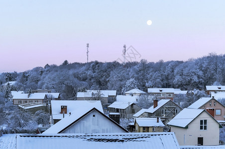 住宅雪中房屋的顶村里房的顶被雪覆盖厚的图片