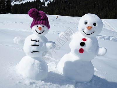 冬天一对有趣的雪人天空蓝色图片