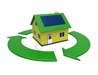 高能效屋太阳电池板在绿色圆圈中3D投影白色背景太阳的控制板环境图片