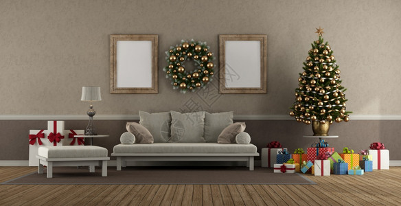 具有古典风格的客厅沙发圣诞树和礼品3D以经典风格的客厅带有圣诞装饰品弓内部的空白图片