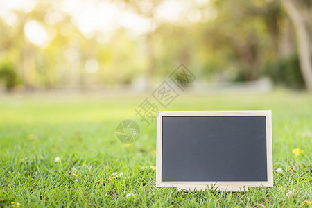 笔记在公园背景绿草上方形的空木黑板在公园背景绿色草地上布局场图片