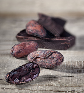 美味的可豆和一片深巧克力黑背景模糊植物食图片
