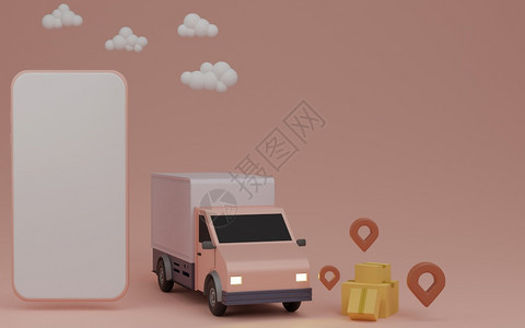 技术在线交付服务应用概念送货面包车和装有3D房屋插针的移动电话别递送图片