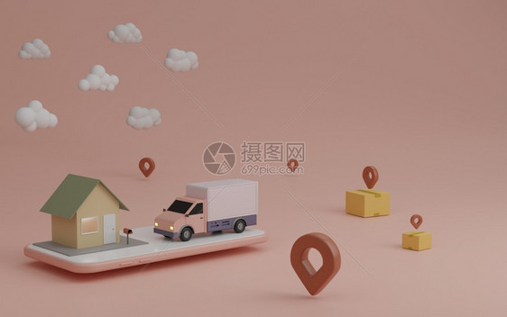 追踪航运货物在线交付服务应用概念送货面包车和装有3D房屋插针的移动电话图片