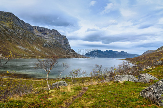 戏剧欧洲绿色美丽的山脉和海景天空多云挪威特罗姆索有选择的重点图片