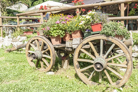 花朵木制的传统旧马车装满盛开的夏花图片