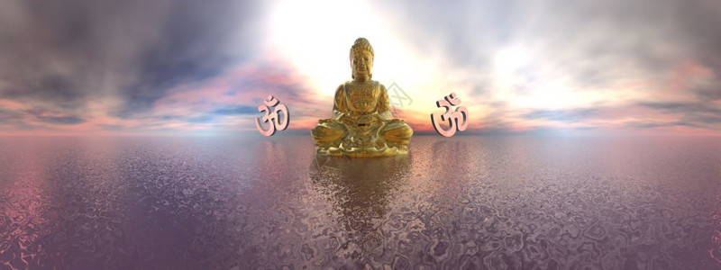 瑜伽以多彩的日落在海洋上佛和符号360度效应3D宗教的佛图片