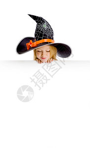 信息诺维科夫美丽的快乐小女孩长金发在巫服装向下看标志黑帽与网蜘蛛和橙色弓空间喜悦图片