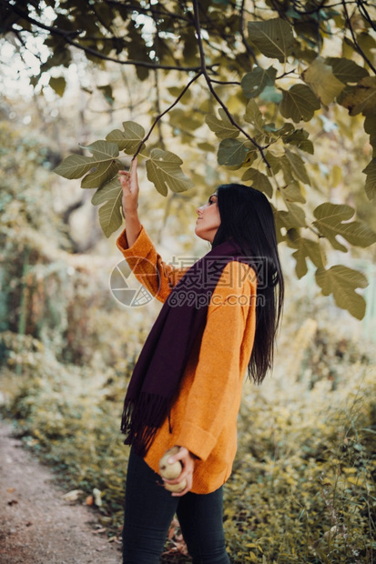 白天穿黄色围巾和红羊毛球衣在森林中行走的妇女白天穿着黄色围巾和红羊毛运动服在森林中行走的妇女肖像迷人环境图片