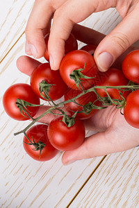 保持手握着一连串红熟的美味樱桃番茄生长烹饪图片