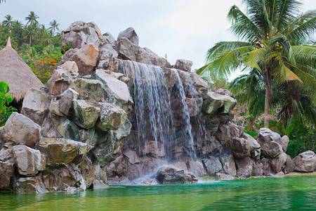 悬崖采取放松在泰国森林游泳池上图片