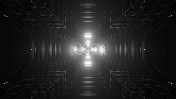 圆圈电的3d插图黑色和白虚拟圆环暗隧道的黑白抽象视觉背景其中心有彩光横形荧灯反射为未来隧道其光效果为3d插图科学图片
