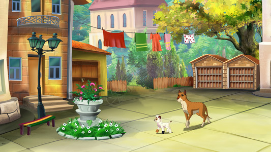 满的一种宠物大黄狗与小一起走在院子里夏季一天数字绘画漫风格的全色插图大黄狗步行BigYealDogWakes图片
