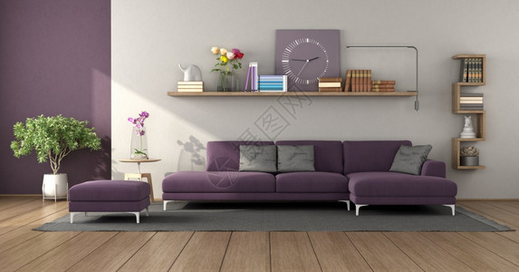 居住嘲笑钟现代客厅有紫色沙发和墙上木架3D为现代客厅有紫色沙发图片