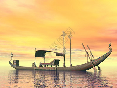 法老女王丰富多彩的埃及神圣驳船与王座由日落埃及神圣的驳船与王位3D制成图片