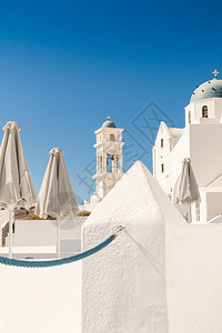 希腊典型的圣托里尼教堂Cyclades蓝色的宗教图片