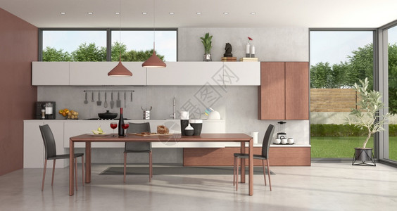 现代厨房配有木制餐桌椅子和大树苗3D配有餐桌和椅子的现代厨房木头下沉当代的图片
