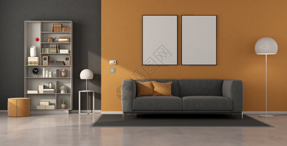 极简主义者灰色和橙客厅有沙发和书架3D制成现代客厅有灰色沙发和书架居住织物图片