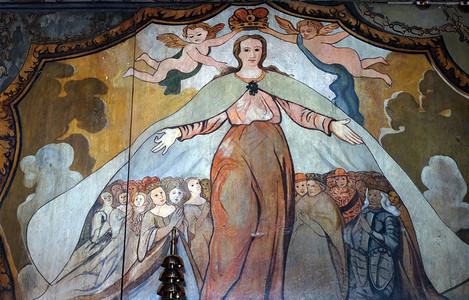 福音历史的祭坛画圣芭拉处女和烈士矿工保护者及好死克罗地亚VelikaMlaka圣芭拉教堂的祭坛背景图片