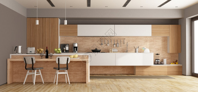 地面带岛的白色和木质现代厨房3d渲染白色和木质现代厨房椅子墙图片