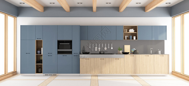 一种内阁现代木制和紫色厨房现代木制和紫色厨房位于带有大型3D渲染的房间内视窗图片