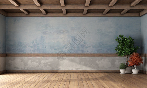舒适室内的框架带有旧蓝色墙木板天花和房屋工厂的空倒式房间3D用旧墙和木板作为空倒式房间图片