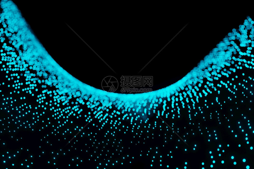 有关黑背景3D投影的简科技网络空间闪光波粒子圆圈科学艺术图片