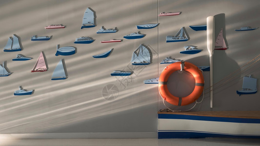 颜色橘橙生命泡白桨和部分木船表面的阳光和影子条纹各种船只上有许多三面墙贴挂在起居区灰水泥壁背景上的3个墙贴纸航海的复制图片