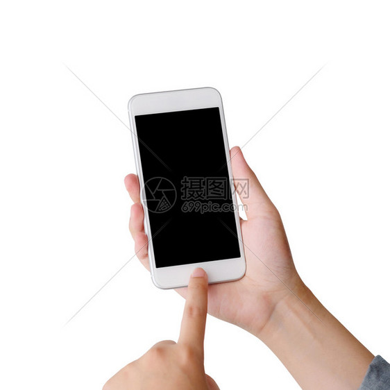 移动的手持智能机用白背景人和技术模型上隔离的空白屏幕进行电子的蜂窝图片