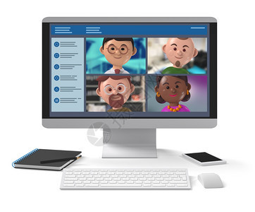 特点伴侣远程商业团队不同成员在线桌面应用网上会议内容是快乐3D字符插图各种样的图片