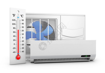 墙电的吹白色背景空气调节器和温度计3D图片