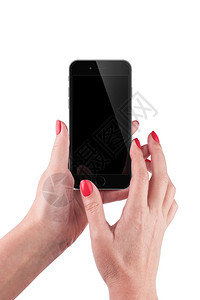 移动的新展示女手握和触摸在白色背景上孤立的智能手机剪切路径女手握和触摸在智能手机孤立的白人身上图片