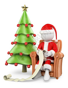 冬天坐在沙发上的圣诞老人阅读儿童希望列表孤立的白人背景笑声抽象的树图片