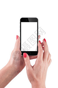 剪裁复制女手握和触摸在白色背景上孤立的智能手机有剪切路径审查图片