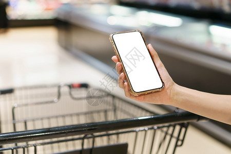 在线的技术小工具Mockup双手握着空白屏幕移动电话和超市购物车数字支付概念图片